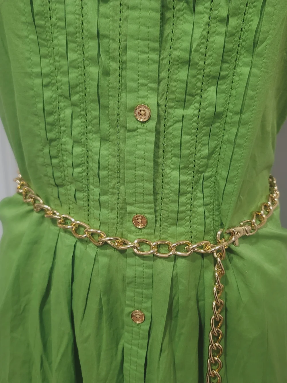 Michael Kors Lime Green Sleeveless Shirt Dress with Gold Chain Belt